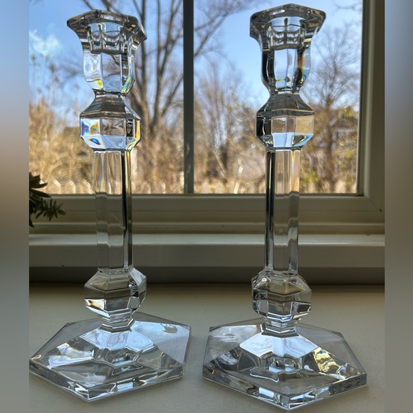 Val St Lambert Gardenia fine crystal 9.5” designer signed etched set of two - Picture 2 of 6